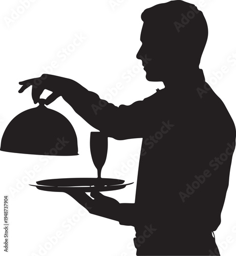 Silhouette of a Waiter Lifting a Cloche from a Serving Tray