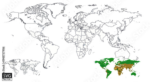 World Map with Agricultural Land Highlighted in Green and Brown Tones