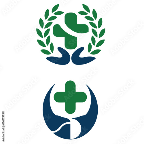 Healthcare and environmental protection symbol with medical cross and laurel wreath