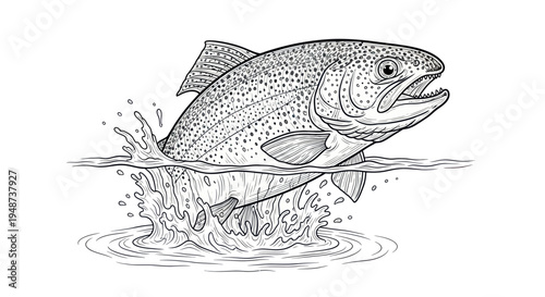 Leaping Rainbow Trout Fish Splashing Water Line Art Illustration