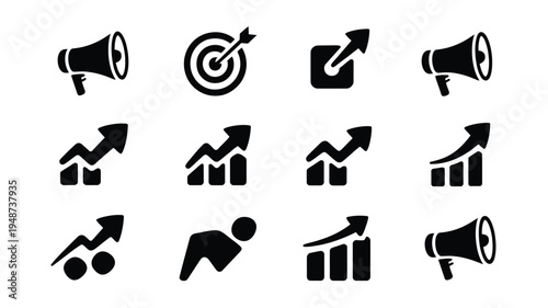 Black silhouette bundle of marketing icons for business growth and strategy on white background