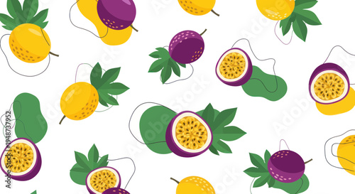 Vibrant Passion Fruit Pattern: Exotic Tropical Fruits and Leaves on White Background