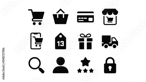 E commerce and shopping icons set including cart payment delivery gift rating and security symbols