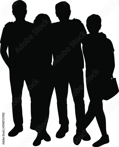 Friends group silhouette illustration, people standing together artwork, unity companionship design concept, friendship bonding scene vector, cad drawing flat vector illustration