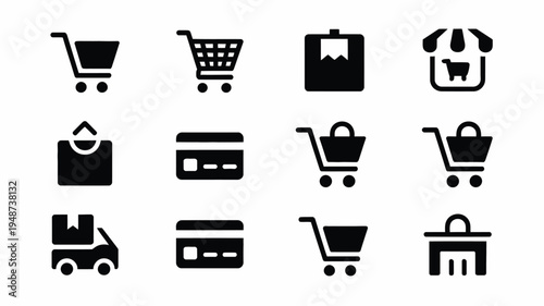 Collection of minimalist black e commerce icons including shopping carts credit cards and delivery truck