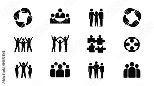 Vector illustration of teamwork and partnership icons featuring people in various collaborative poses and gestures on a white background