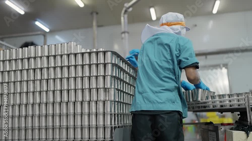 Worker loading cans onto an automated conveyor system in a canned food manufacturing factory, supporting the processed food production line in an industrial environment