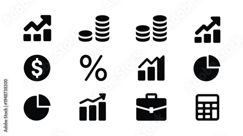 Collection of minimalist business and finance icons including graphs charts money symbols briefcase and calculator on white background
