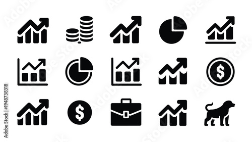 Vector illustration showcasing business and finance icons including graphs charts money symbols briefcase and dog on a white background