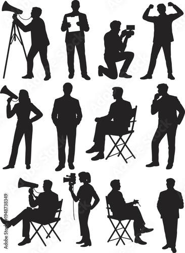Film production silhouette illustration collection, director cameraman actor artwork, media crew communication concept set, movie making scene vector, cad drawing flat vector illustration