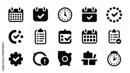 Productivity icons bundle including calendar clock checklist and gear symbols in black silhouette on white background for business and organization concepts