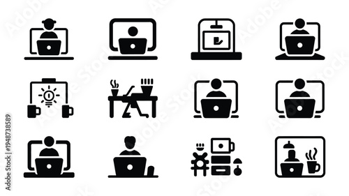 Bundle of freelance work icons people working on laptops coffee cups and office supplies in black silhouette on white background