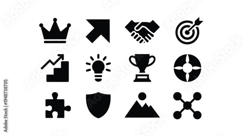 Collection of 12 minimalist black business icons for success and strategy on white background