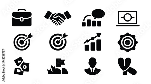 Bundle of modern business icons including briefcase handshake target graph gear and more on white background