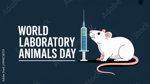 World laboratory animals day awareness illustration with a white lab mouse and syringe on dark background