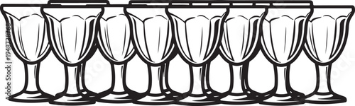 A row of elegant wine glasses lined up on a table for a sophisticated event Vector