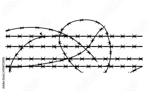 Black barbed wire fence with sharp spikes on a white background, abstract pattern