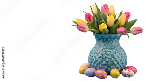 Vibrant spring tulips in a decorative blue pot isolated on transparent background PNG, seasonal flower arrangement
