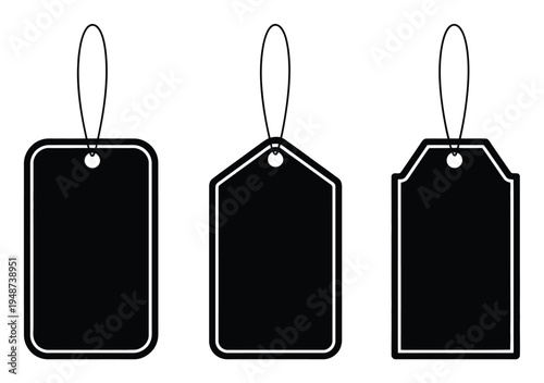 Three Black Price Tags with Hanging Strings on White Background