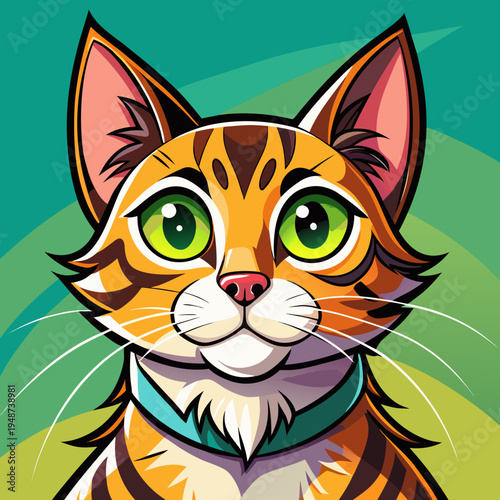 A colorful cartoon illustration of a cat with green eyes and brown fur