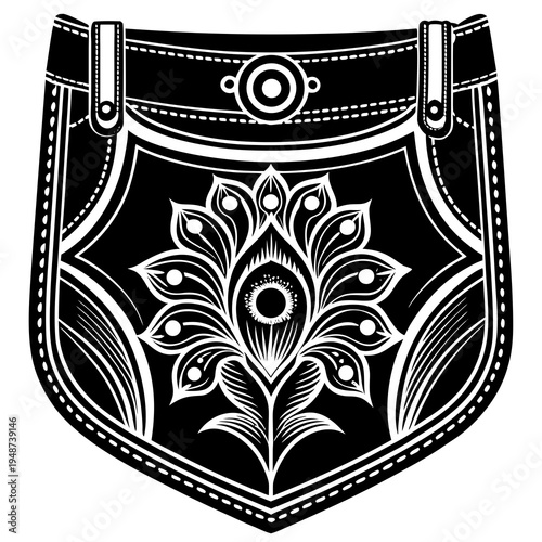 Black and white illustration of decorative pocket with floral design