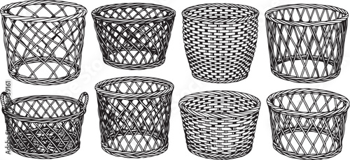Assorted woven baskets displayed in a grid pattern with various designs and textures Vector