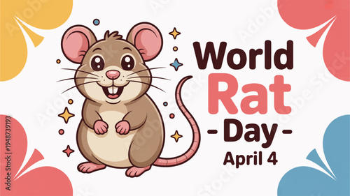 Cartoon rat celebrating world rat day on april 4 with colorful decorations and festive mood