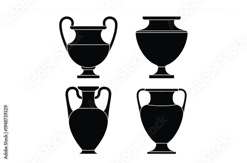 Collection of Four Black Silhouettes of Ancient Greek Amphorae and Vases