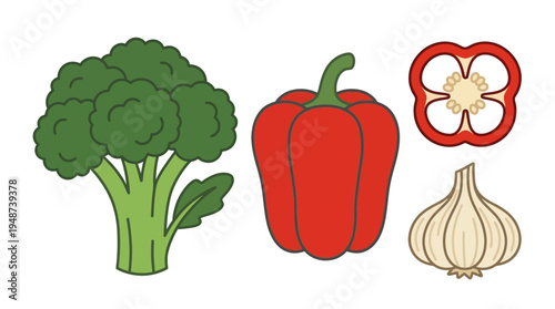 A vibrant red chili pepper with two small slices floating above it, set against a white background.