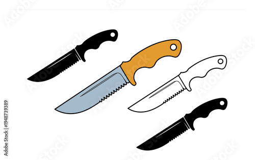 Collection of illustrated hunting and utility knives with serrated blades
