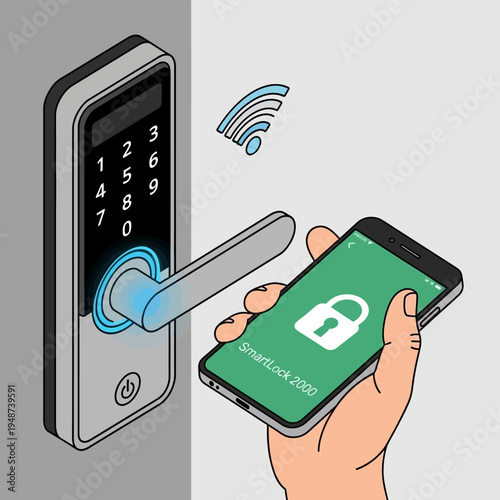 Smart lock system with a keypad and a smartphone for secure access control.