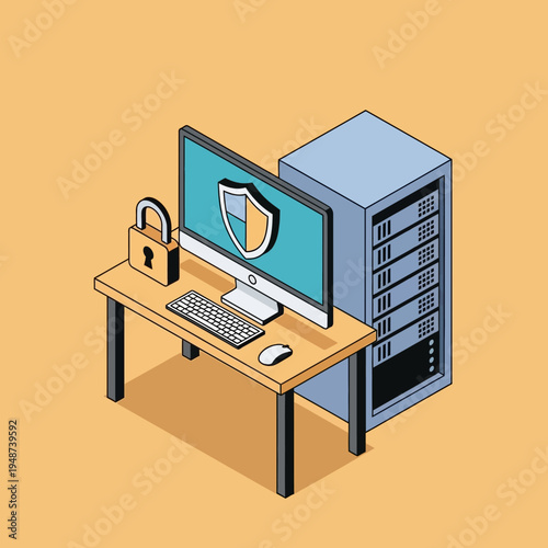 Isometric illustration of a computer setup with a server, desk, and security elements.