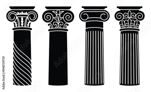 Four Black Silhouette Columns with Different Classical Architectural Styles