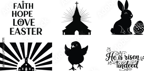 Christian Easter typography, church silhouette, bunny and chick religious holiday set