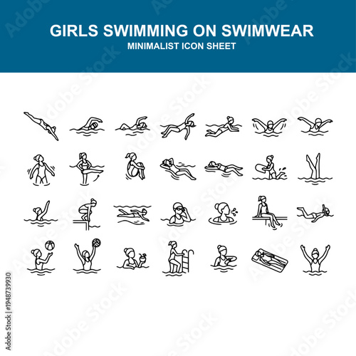 Minimalist icon sheet of girls in different swimming positions wearing swim suit