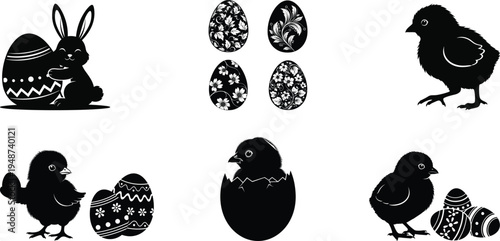 Easter bunny, chicks and decorated eggs silhouettes set, spring holiday vector