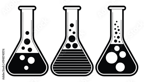 Three Black and White Laboratory Flasks with Bubbles and Liquids