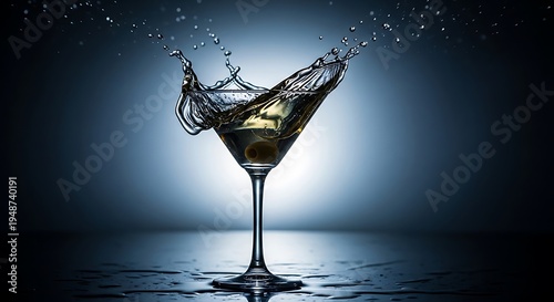 A martini glass with a drink splashing out, featuring an olive, against a dark blue background.