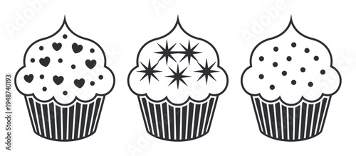 Three stylized cupcakes with different decorative toppings: hearts, stars, and dots