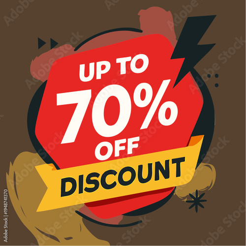A vibrant red and yellow discount tag advertising up to 70% off, set against a brown abstract background, perfect for sales and promotions.