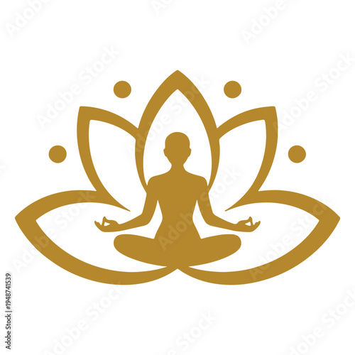 A golden yoga silhouette centered inside a stylized lotus flower icon on a plain white background