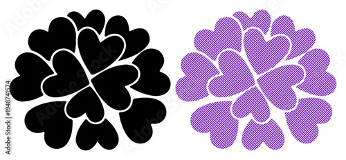 Two stylized heart-shaped flower clusters, one black and one purple, on a white background.
