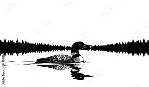 Loon on calm waters with full moon and evergreen trees black and white vector illustration