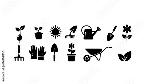Black gardening icon set sprouts seedlings tools sun vector plant growth symbols