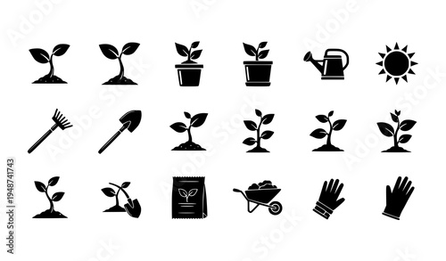 Gardening and plant life cycle icon set black vector sprouts seedlings tools collection