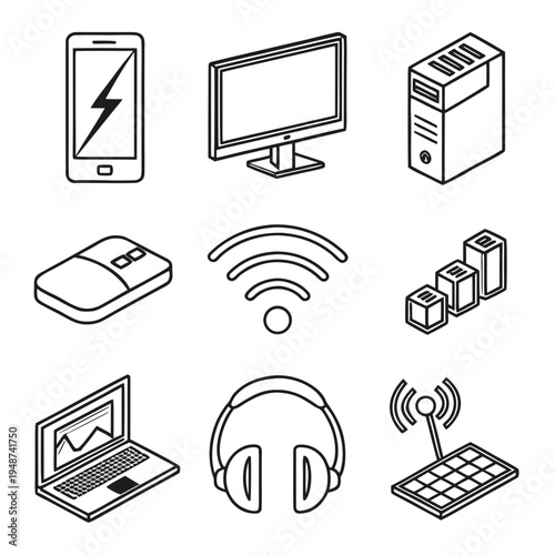 Technology icons, wireless symbols, electronic devices, communication signs, 8 black line icons