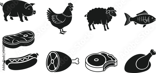 Vector silhouettes of farm animals including pig, chicken, sheep, and fish with meat products like steak, ham, hot dog, pork chop, and drumstick, ideal for food design.