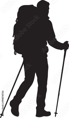 Silhouette of a Hiker with Backpack and Trekking Poles on White