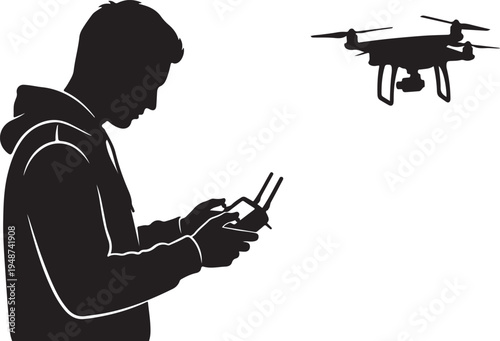 Silhouette of a Man Operating a Drone with a Remote Control