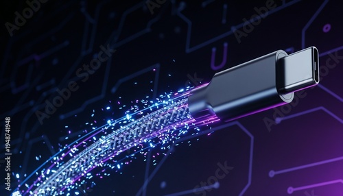 Futuristic 3D render of a glowing high-speed USB-C charging cable.